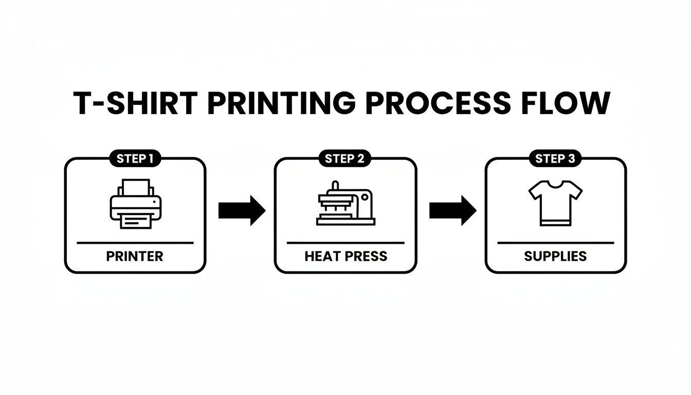 T-shirt printing process flow diagram illustrating steps: printer, heat press, and supplies.