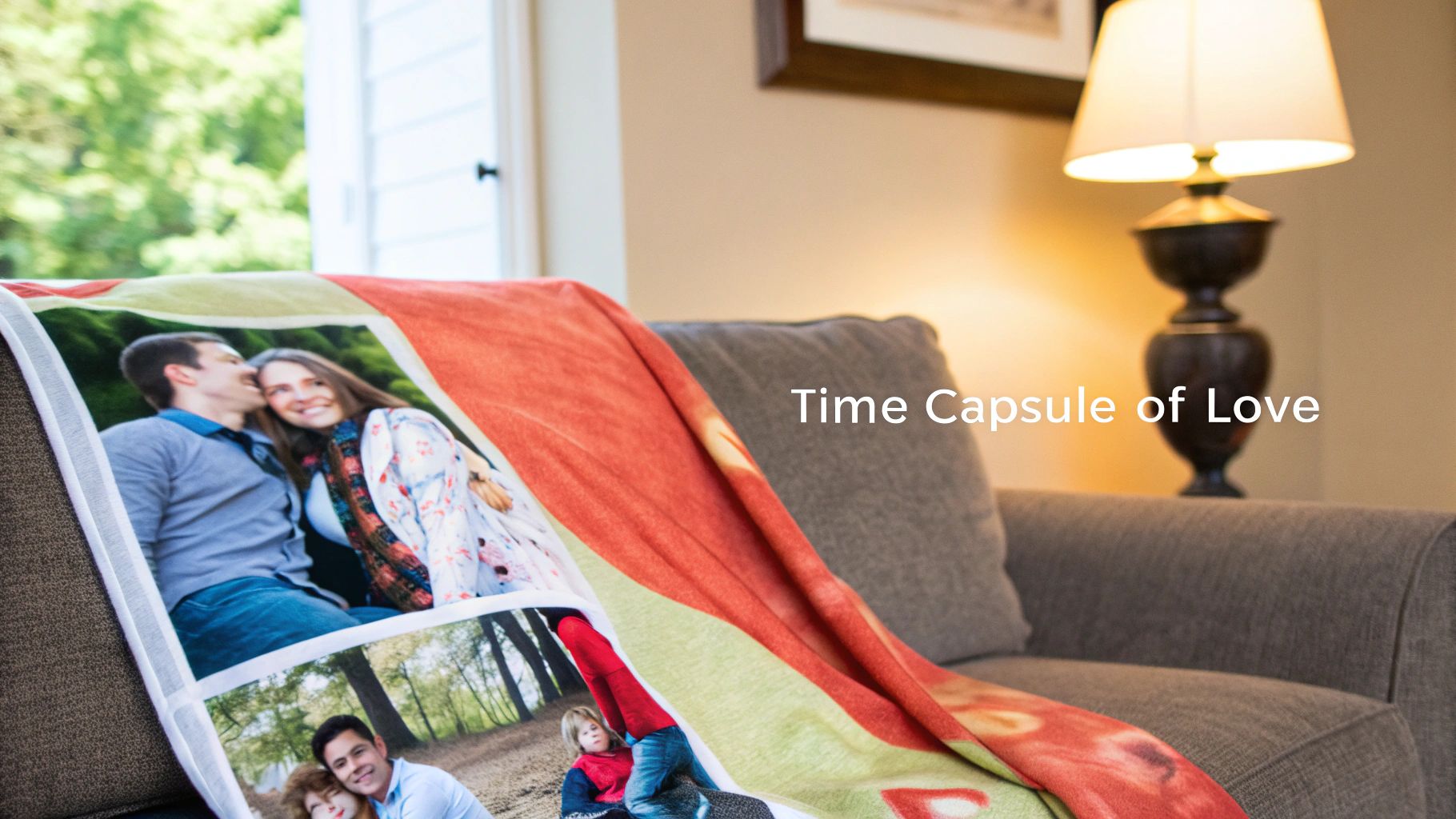 A personalized photo blanket with family pictures draped over a grey sofa, illuminated by a lamp.