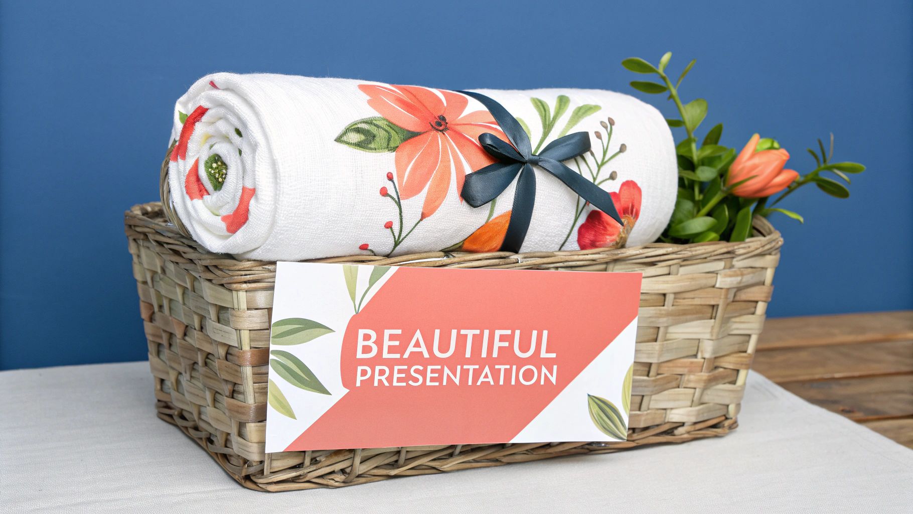 A beautiful white floral towel with a blue ribbon, placed in a woven gift basket with a card.