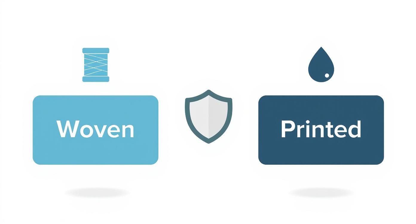 An infographic decision tree comparing the durability of woven versus printed photo blankets, using thread spool and ink droplet icons.