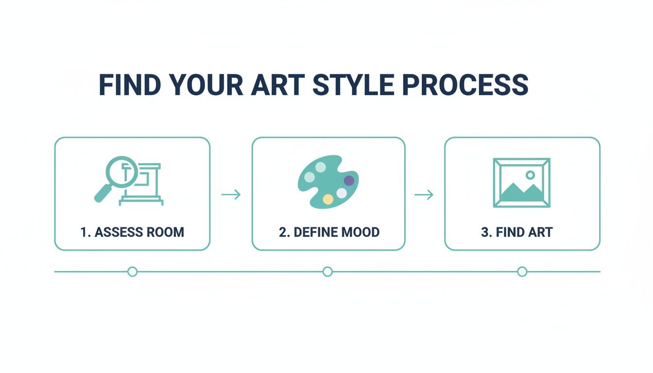 An infographic showing a three-step process to find your art style: assess room, define mood, and find art.