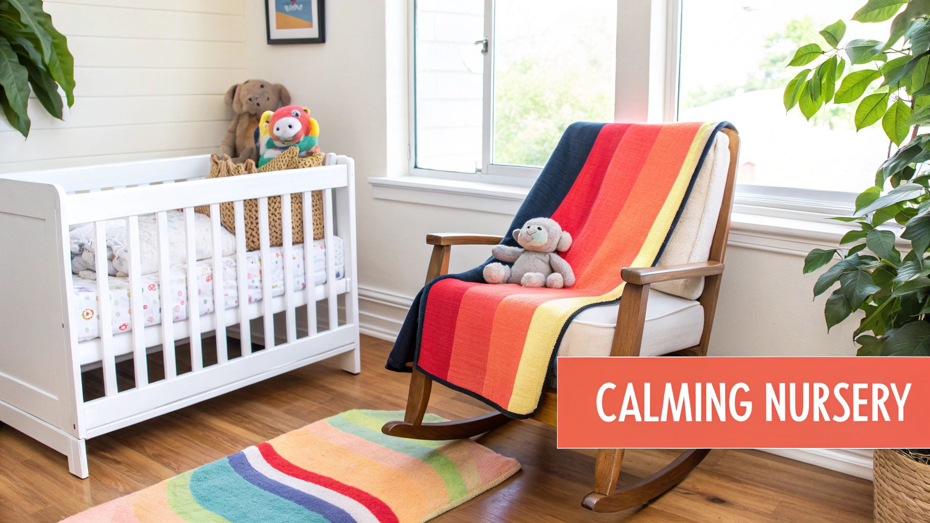 A calming baby nursery featuring a white crib, a colorful striped rug, and a rocking chair with a vibrant rainbow blanket.