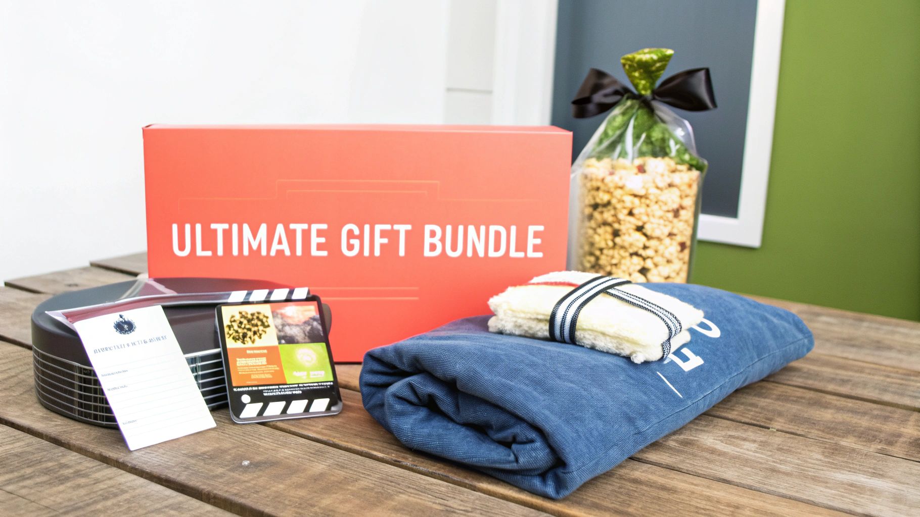 An ultimate gift bundle displayed on a wooden table, featuring a red box, snacks, and a blue blanket.