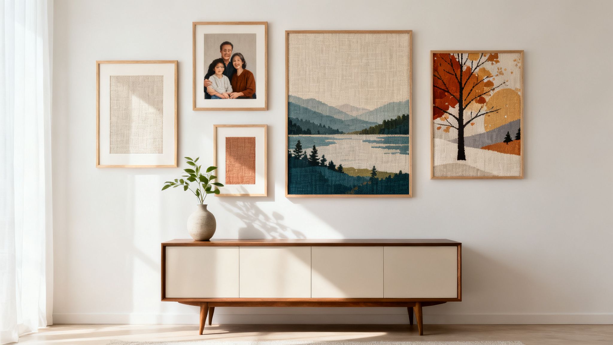 A modern living room featuring framed fabric wall art, a family portrait, and a console table with a plant.