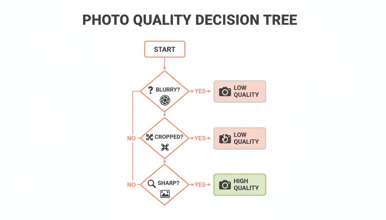 Decision tree flowchart determining photo quality, checking for blurriness, cropping, and sharpness to classify photos.