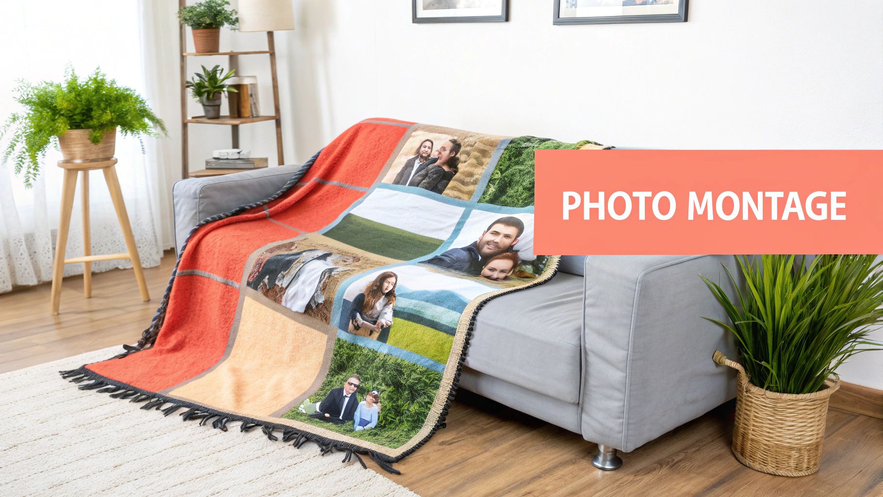 A personalized photo montage blanket with family pictures draped over a grey sofa in a living room.