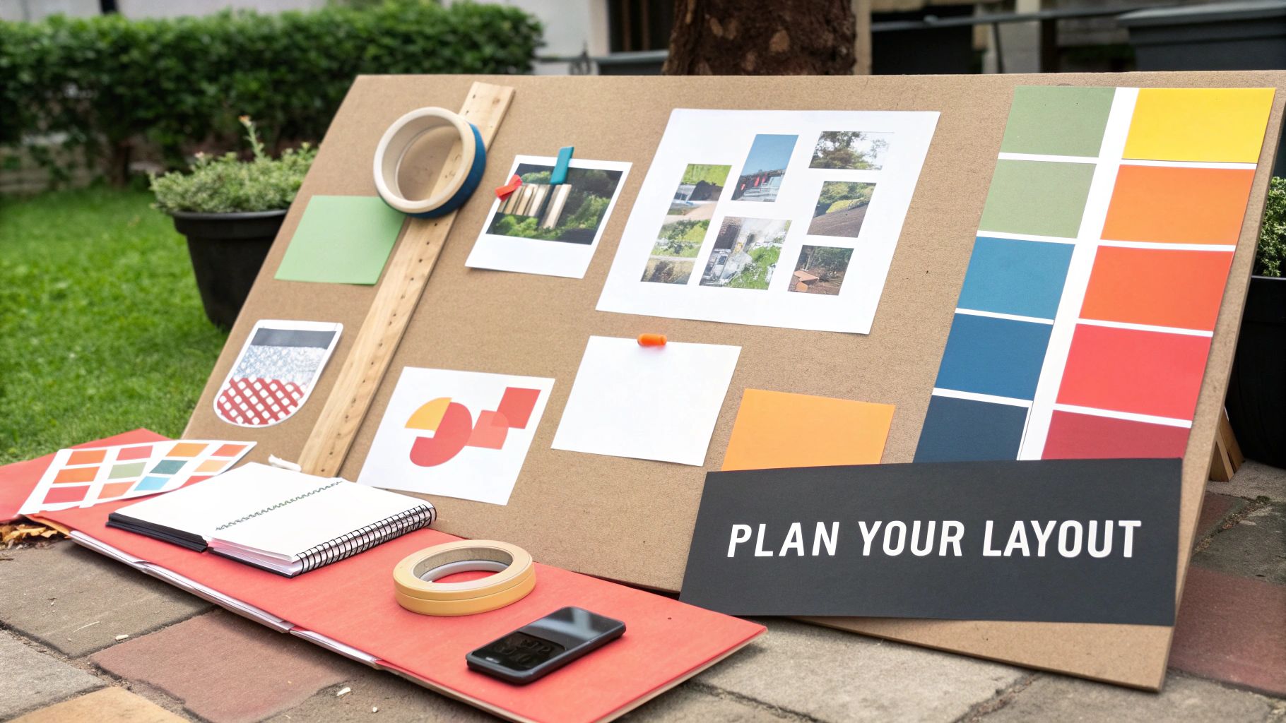 A creative design board showing photos, color palettes, graphics, and a 'PLAN YOUR LAYOUT' sign outdoors.