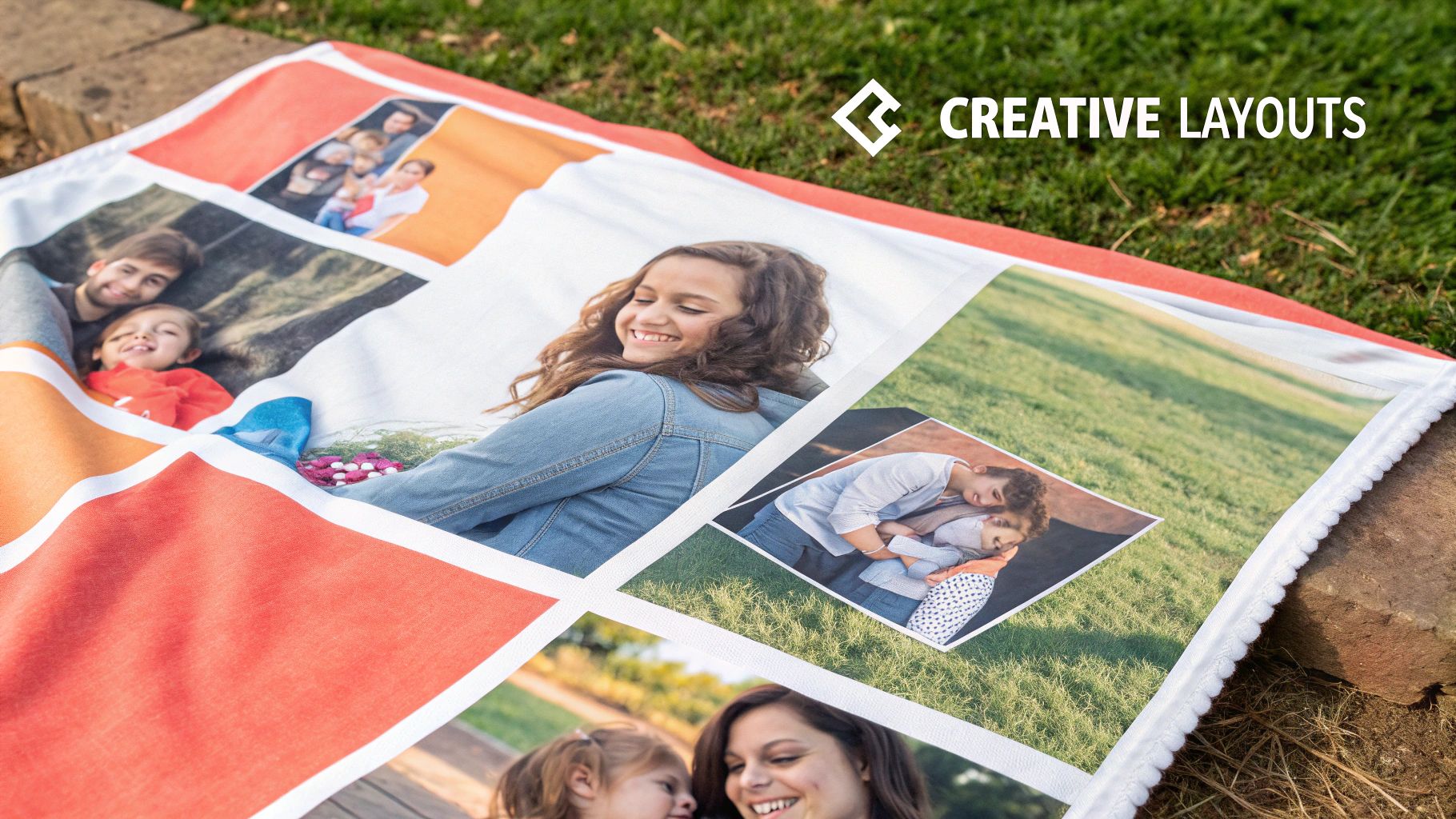 A personalized photo blanket featuring multiple family photos, displayed outdoors on green grass.