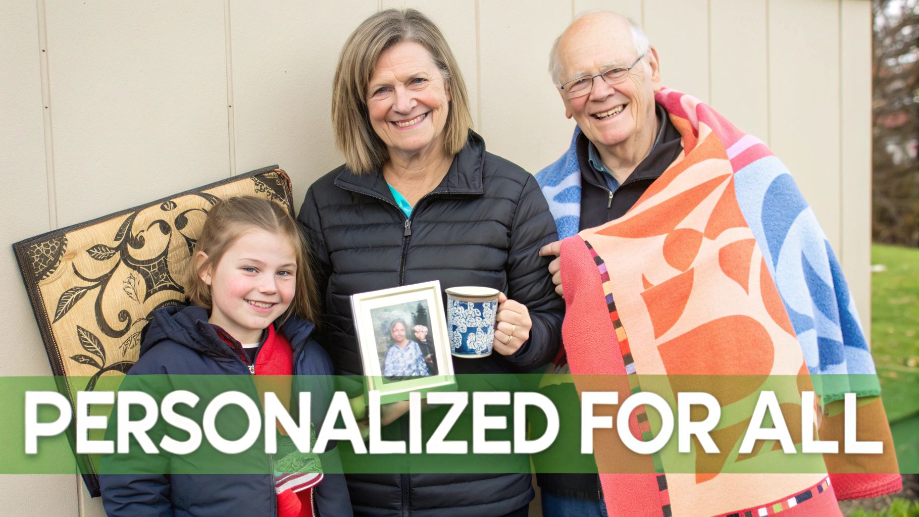 Smiling family holding personalized gifts: a photo frame, mug, and colorful blanket.