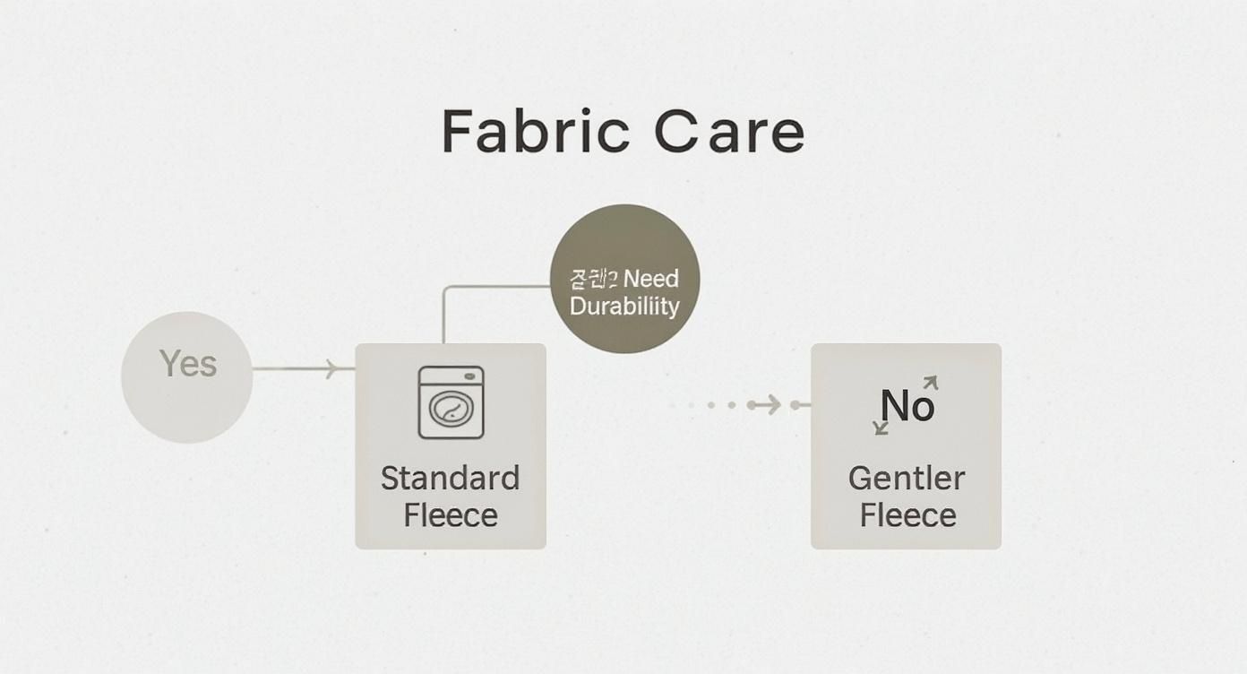 Fabric care flowchart showing decision path between standard fleece and gentler fleece based on durability needs