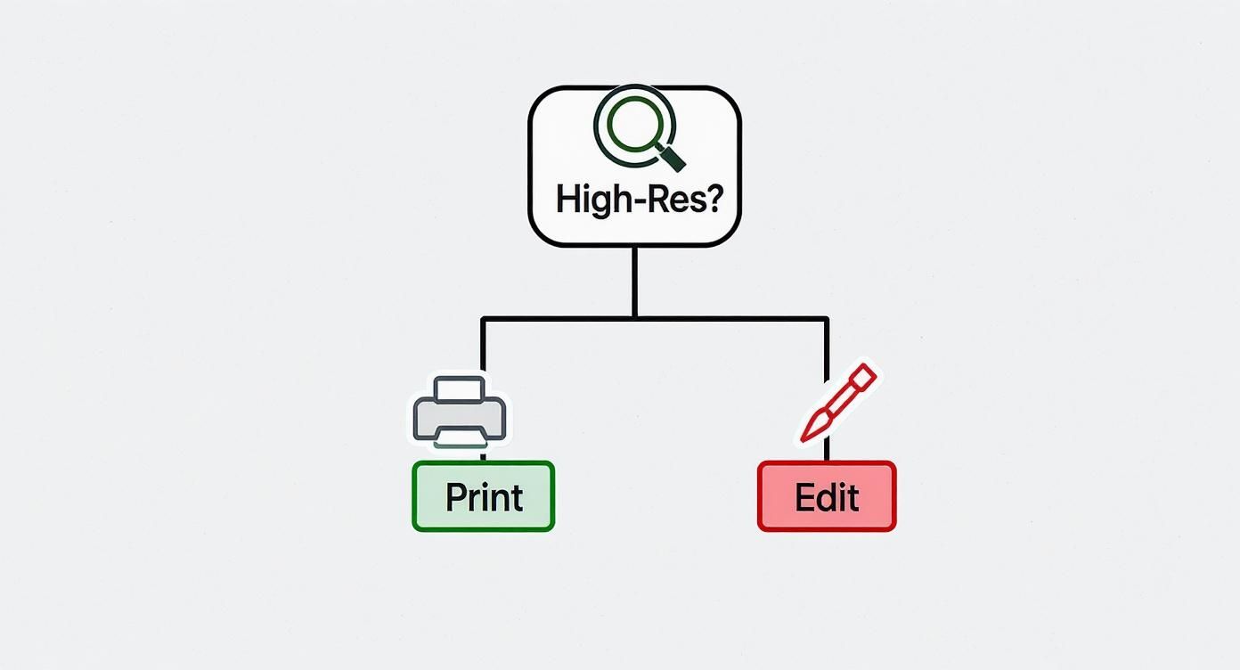 An infographic decision tree showing that if you have high-resolution photos, you can proceed to print, but if not, you should edit or find better ones.