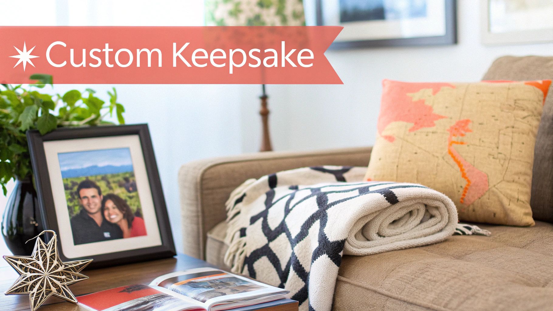 A custom keepsake photo frame of a smiling couple, next to a decorative star and cozy blanket on a sofa.