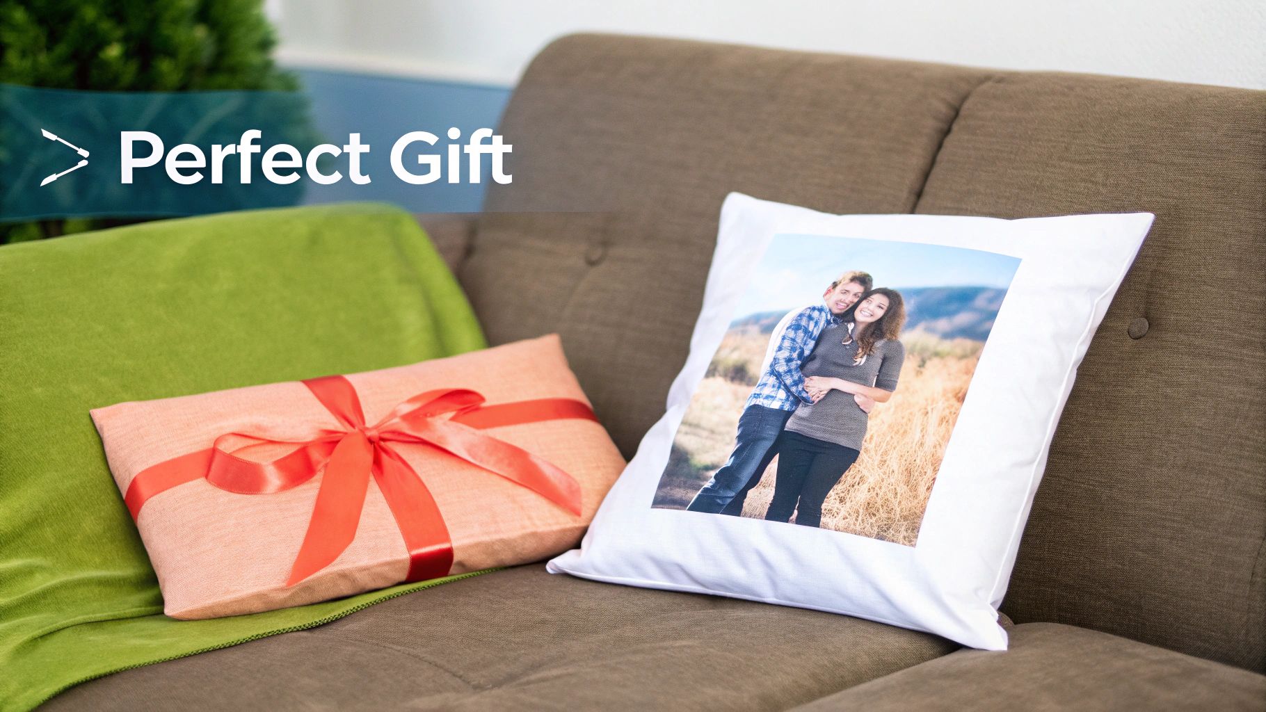 A woman happily holding a personalized photo pillow featuring a picture of her and a man.