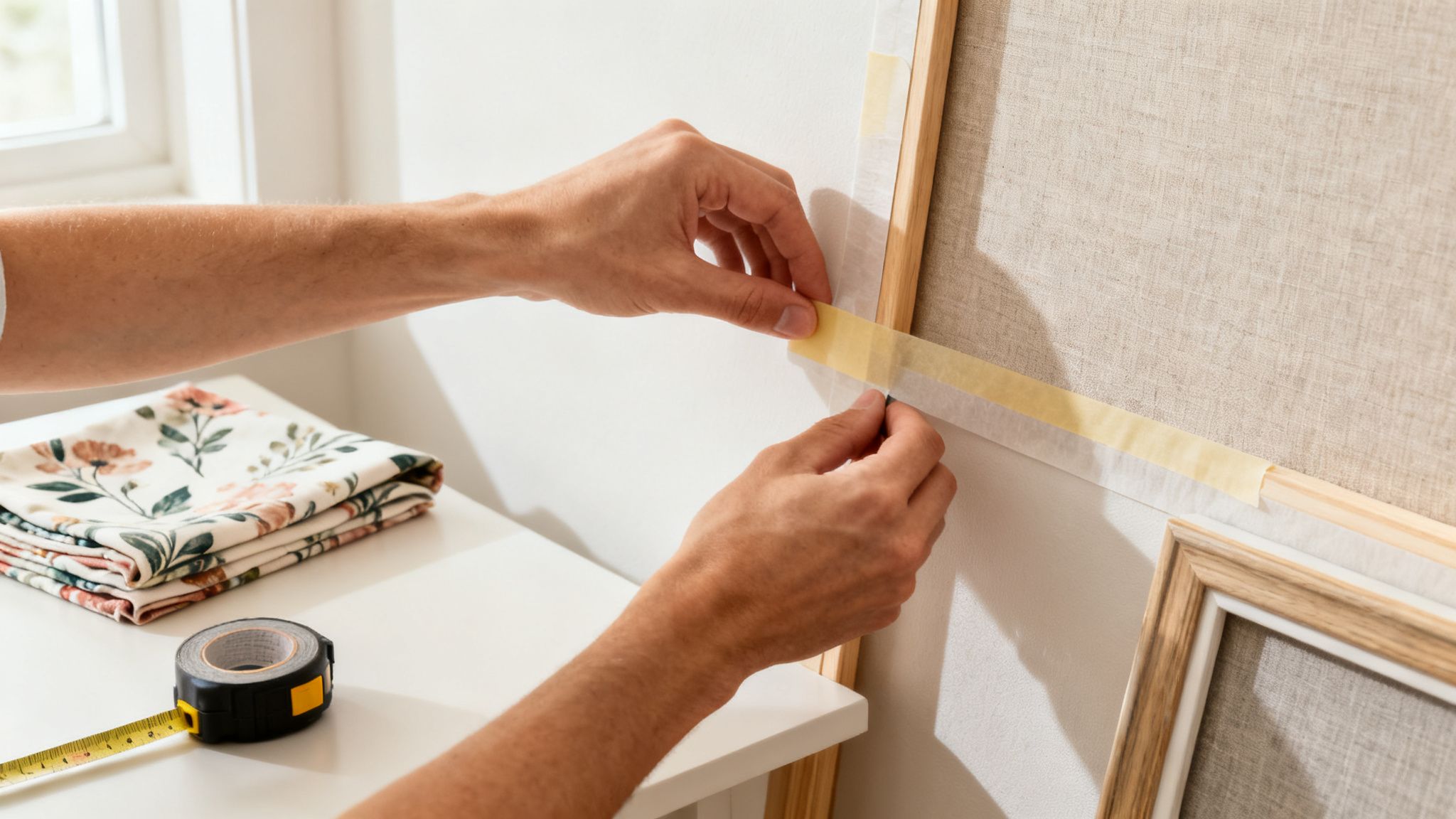 Hands carefully applying masking tape to the edge of a fabric-covered picture frame on a white wall.
