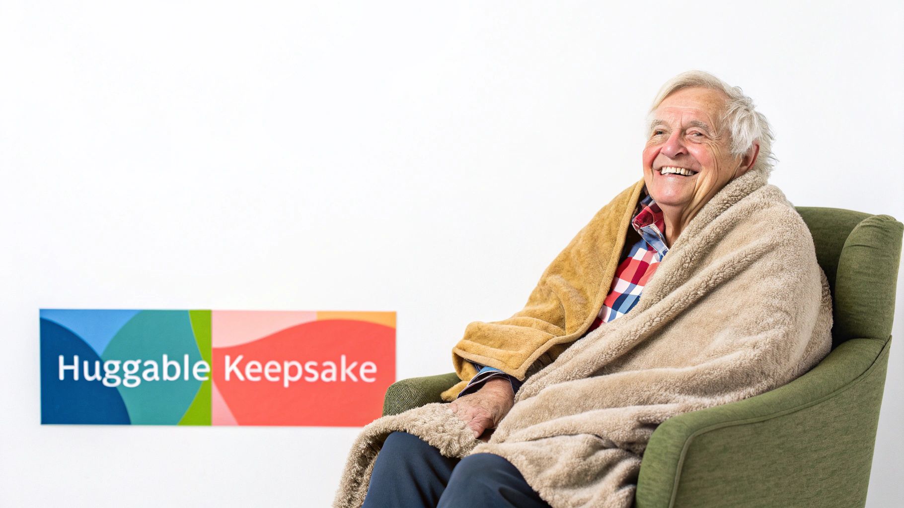 Smiling senior man in a green armchair, cozy in a soft sherpa blanket, beside a "Huggable Keepsake" sign.