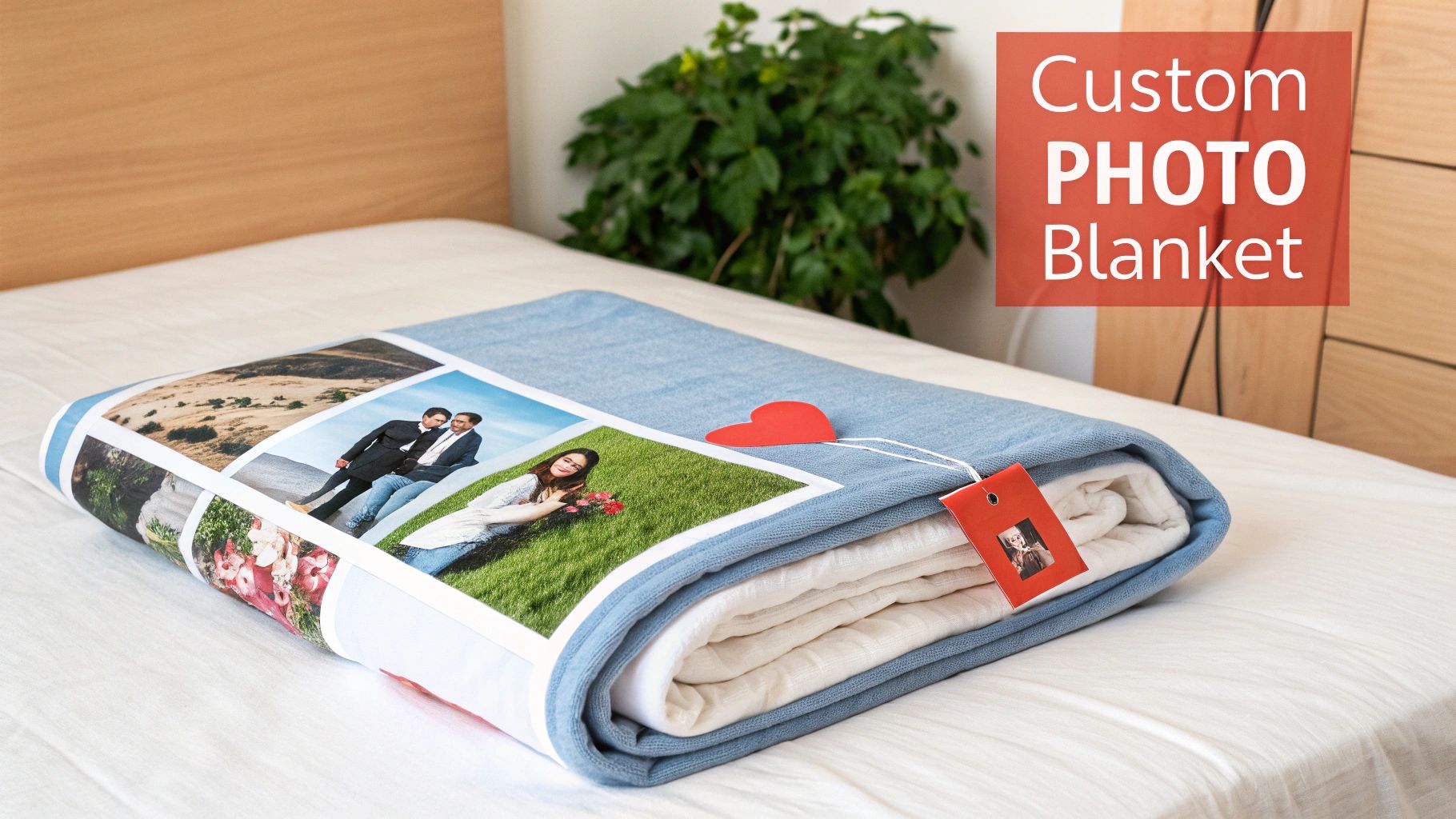 A custom photo blanket with various personalized images and a red heart tag, folded on a white bed.