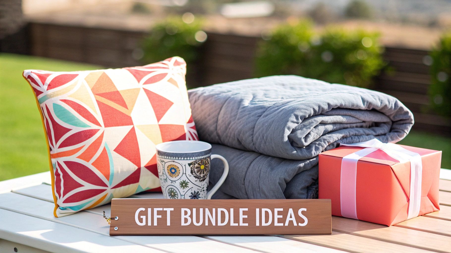 A cozy gift bundle on an outdoor table featuring a patterned pillow, blanket, mug, and wrapped gift.