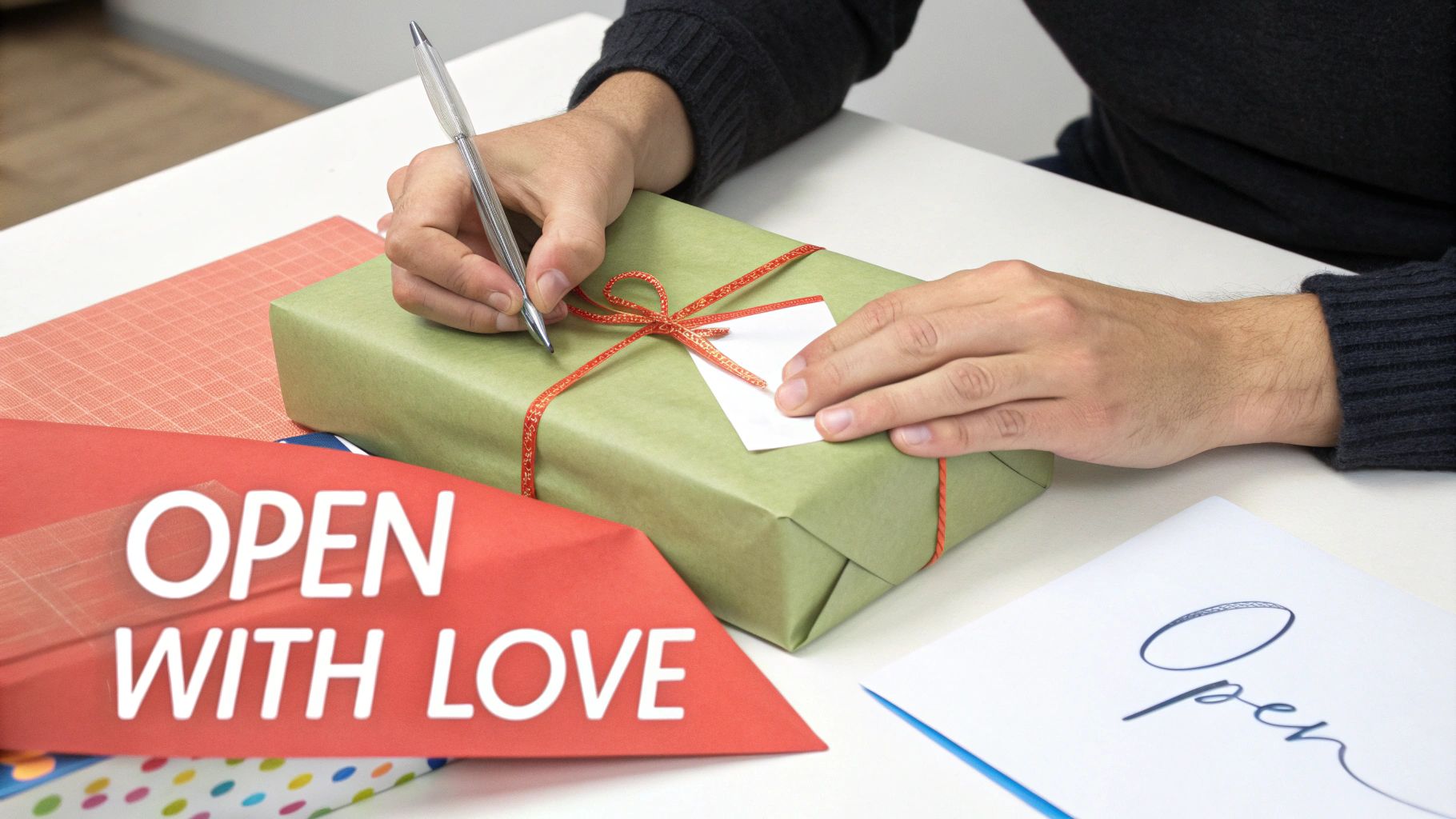 Hands writing on a gift tag of a green wrapped present with red ribbon, beside an 'OPEN WITH LOVE' envelope.