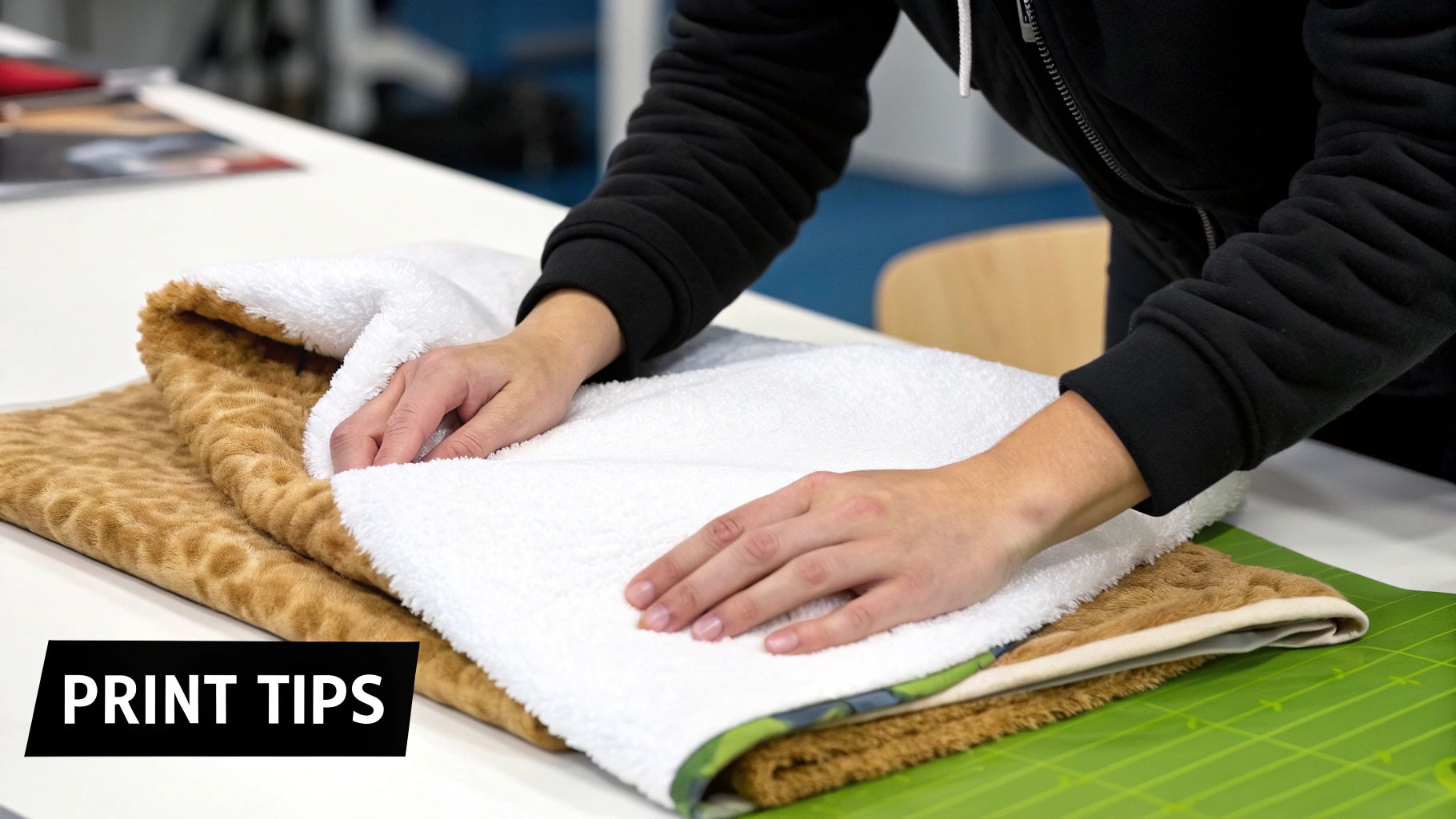 A person's hands are carefully folding a soft white fabric over a brown furry blanket on a green mat.
