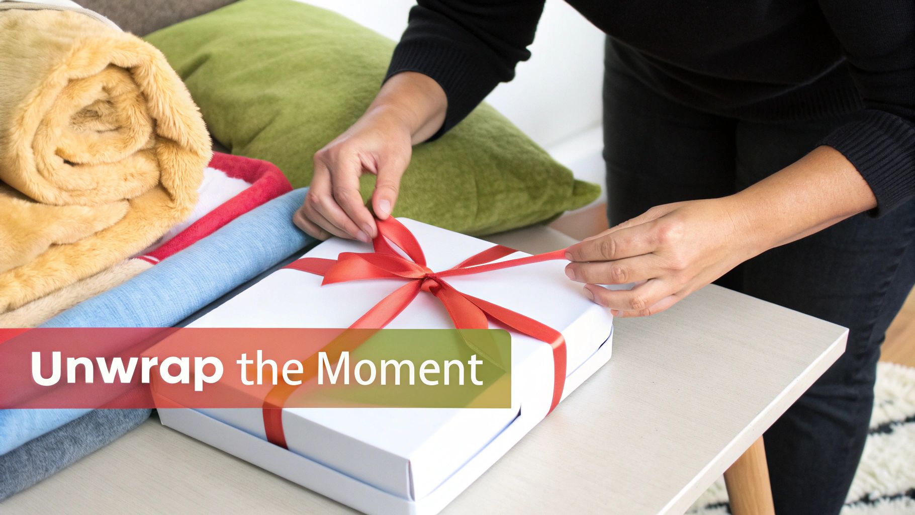 A person's hands are meticulously tying a red ribbon around a white gift box on a light table.