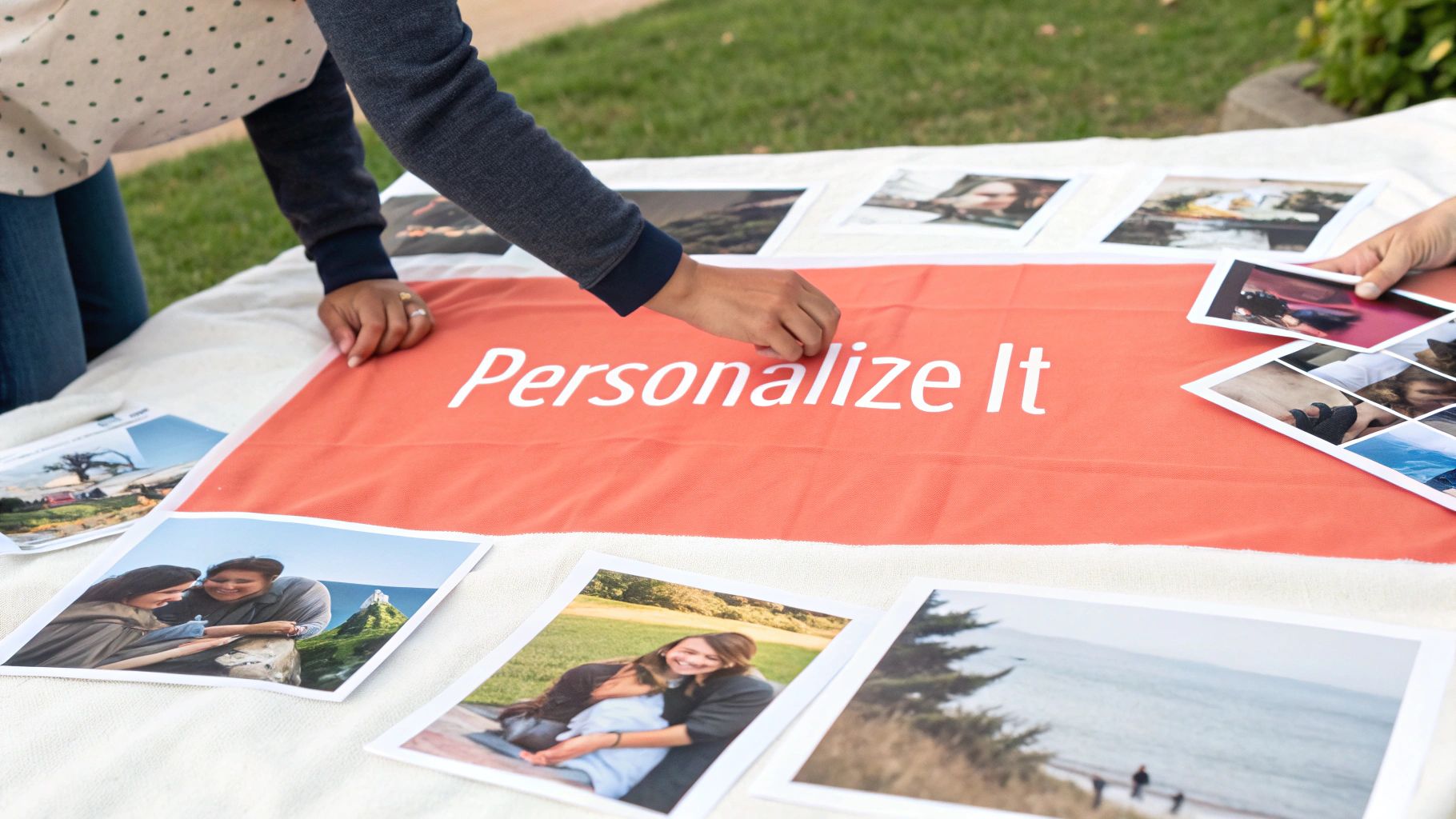 Hands of two people arranging printed photographs on an orange banner that reads 'Personalize It' outdoors.