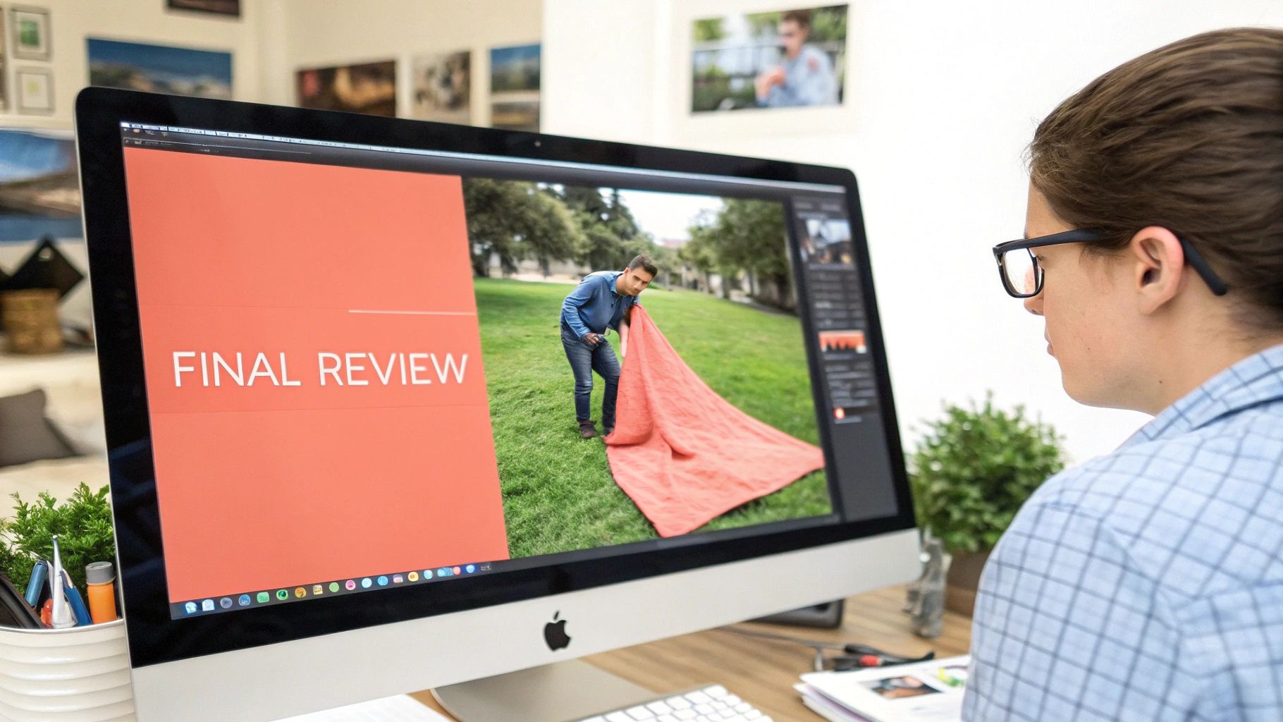 A woman happily unboxing a custom photo blanket featuring a collage of family pictures