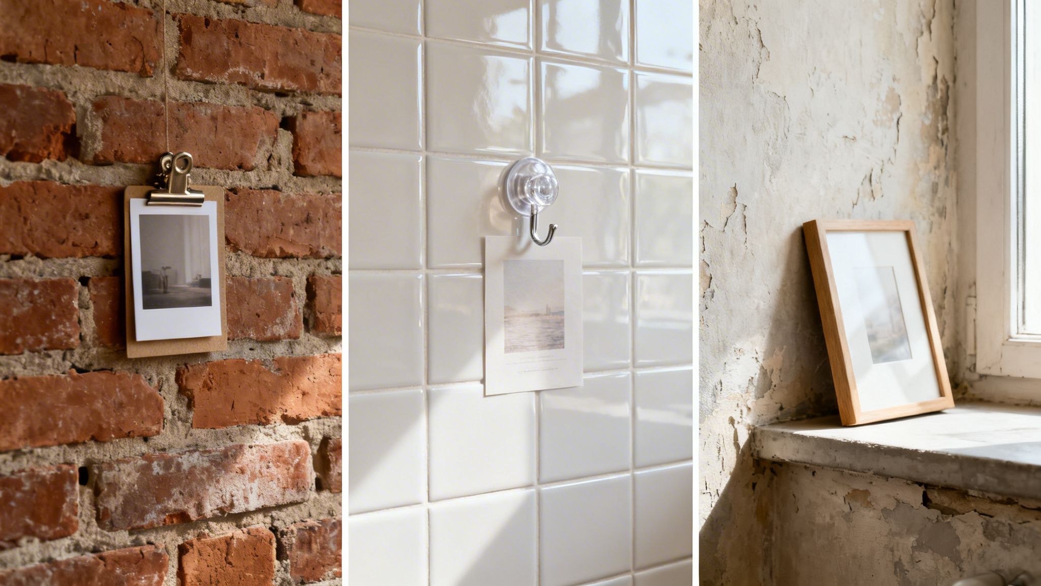 Three different ways to display pictures: clipped on brick, hung on tile, and framed on a windowsill.