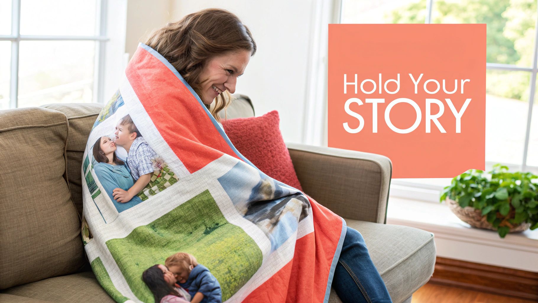 A woman on a couch smiles while wrapped in a custom photo blanket with family photos.