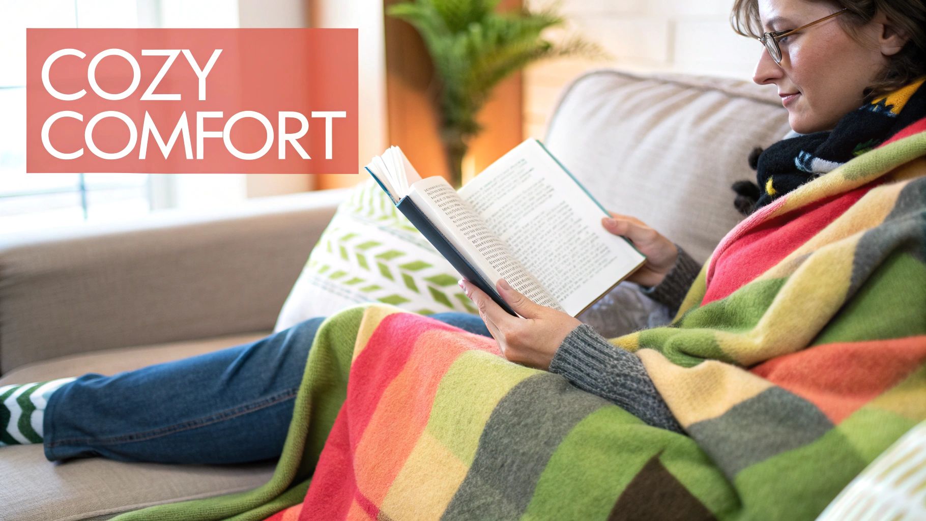 A person wrapped in a cozy throw blanket while reading a book on a sofa.