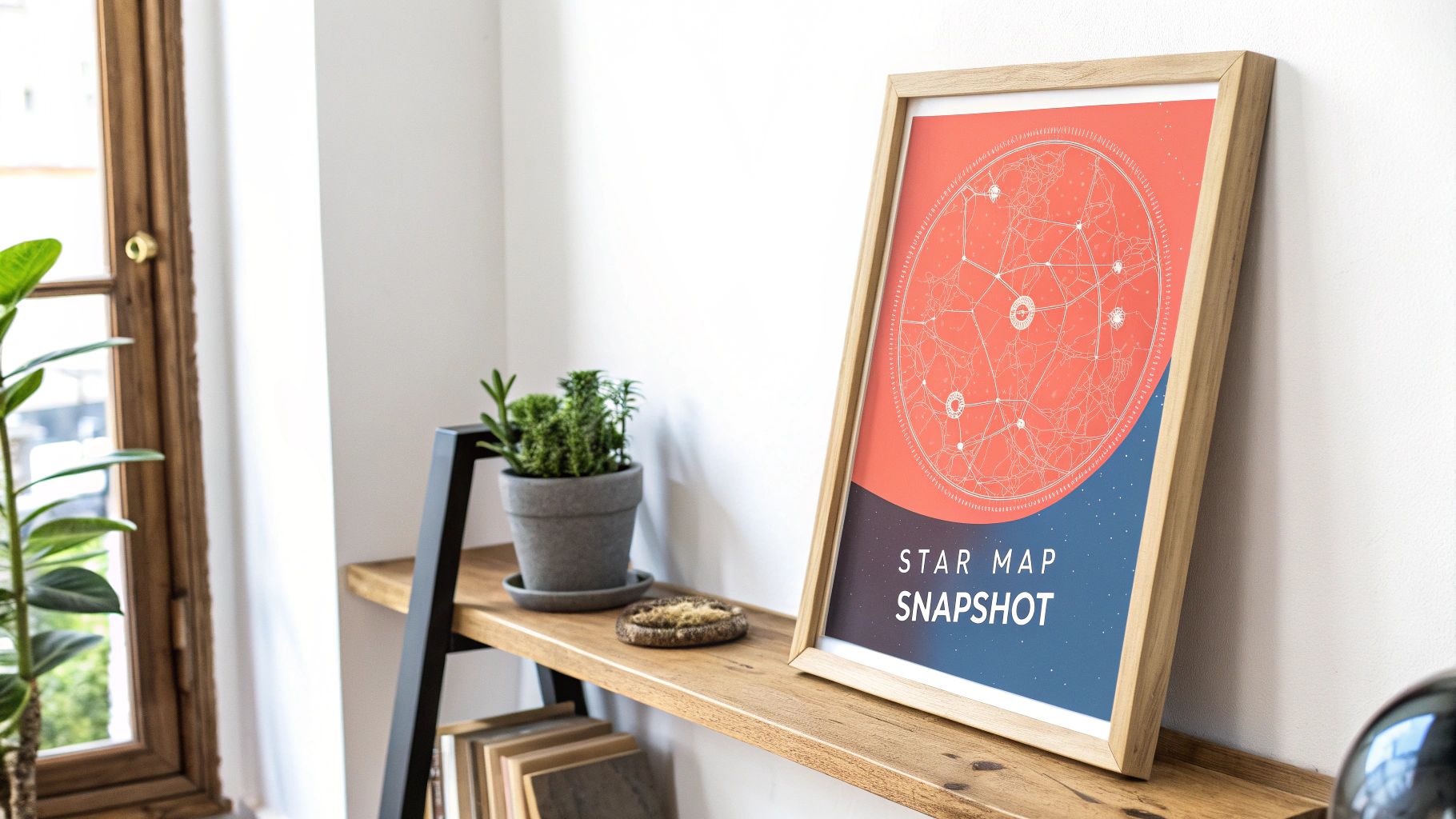 A framed star map poster with coral and blue design on a wooden shelf, beside a potted plant.