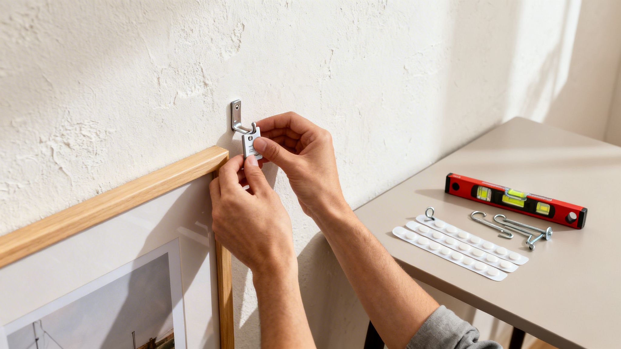 Hands precisely mounting a picture frame hook onto a textured wall using a small level.