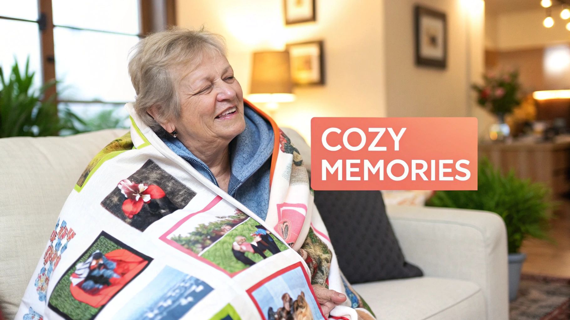 A family enjoys a custom photo blanket together.