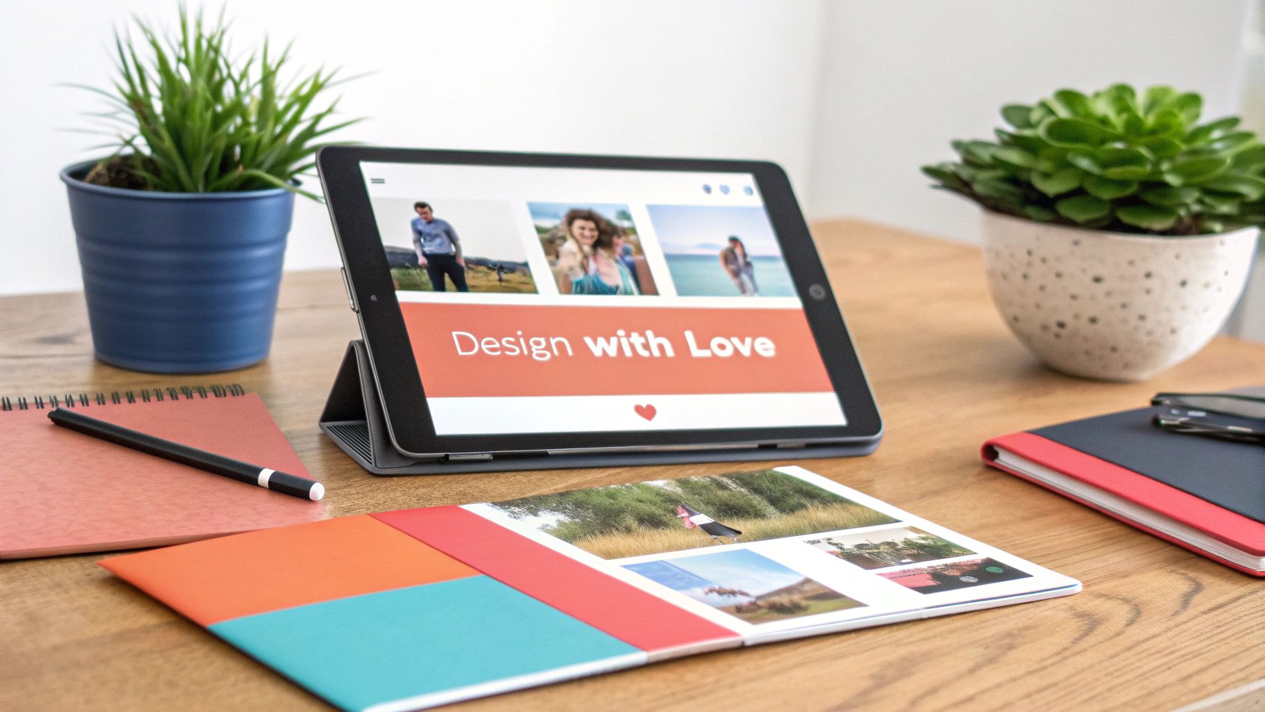 A tablet displaying 'Design with Love' and a personalized photo album on a wooden desk with plants.