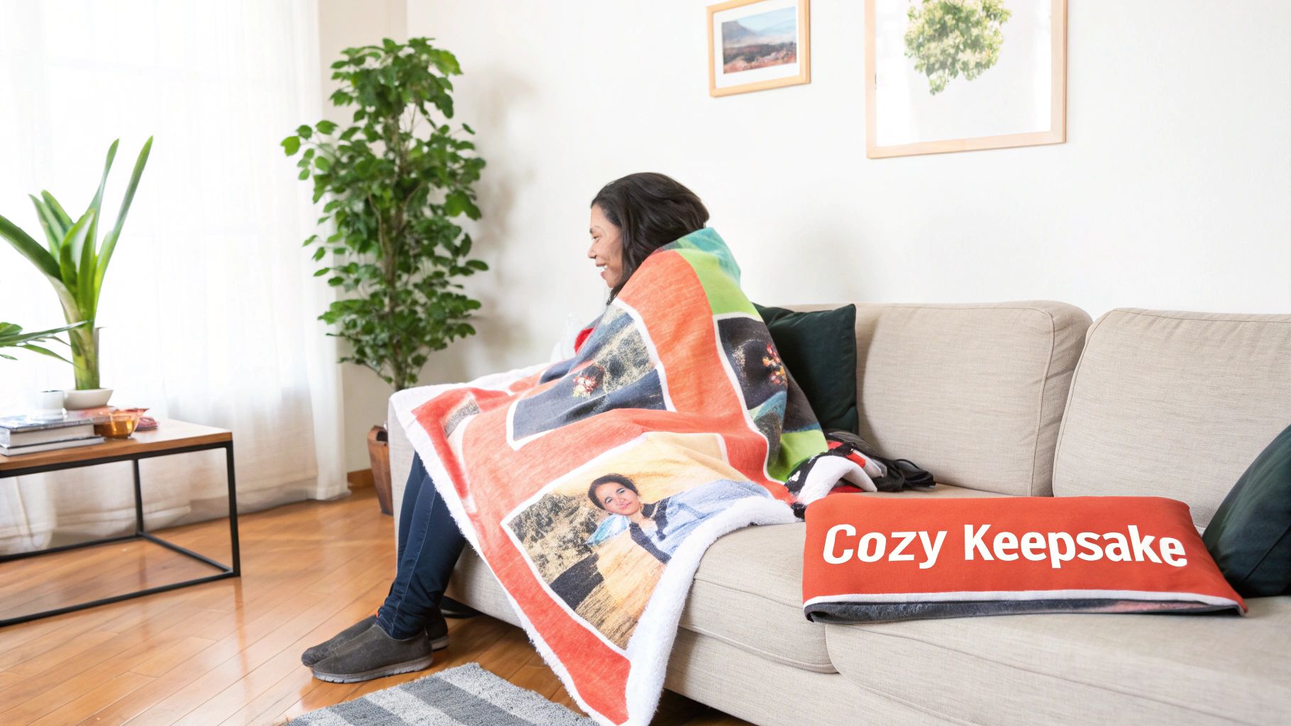 A woman happily wrapped in a custom photo blanket featuring a collage of family pictures.