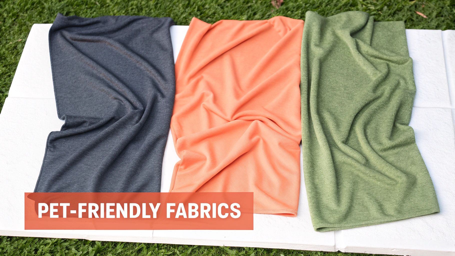 Three pet-friendly fabrics in grey, orange, and green colors displayed on a white surface outdoors.