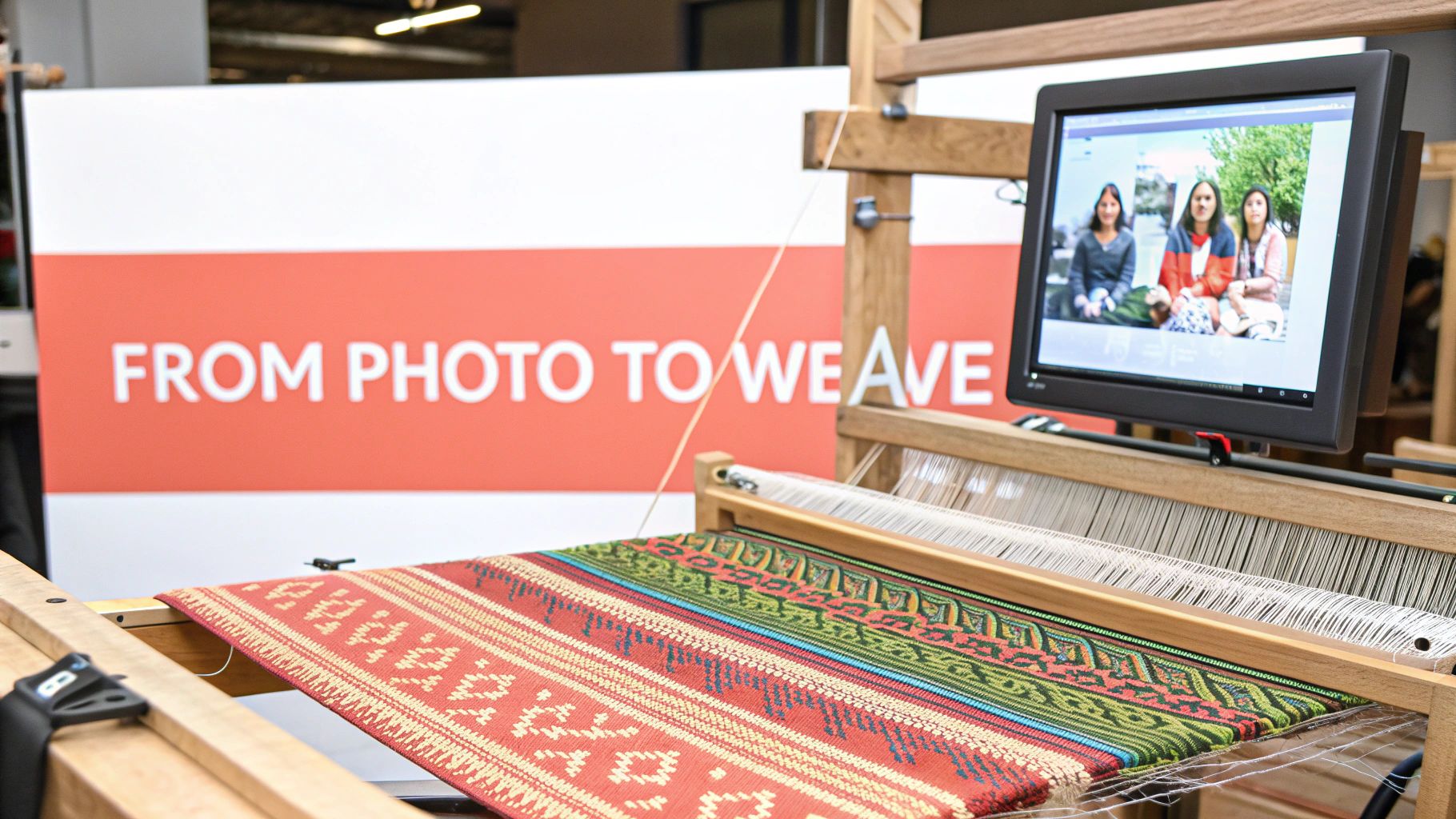 A jacquard loom weaving a detailed image into a blanket, showcasing the intricate process.