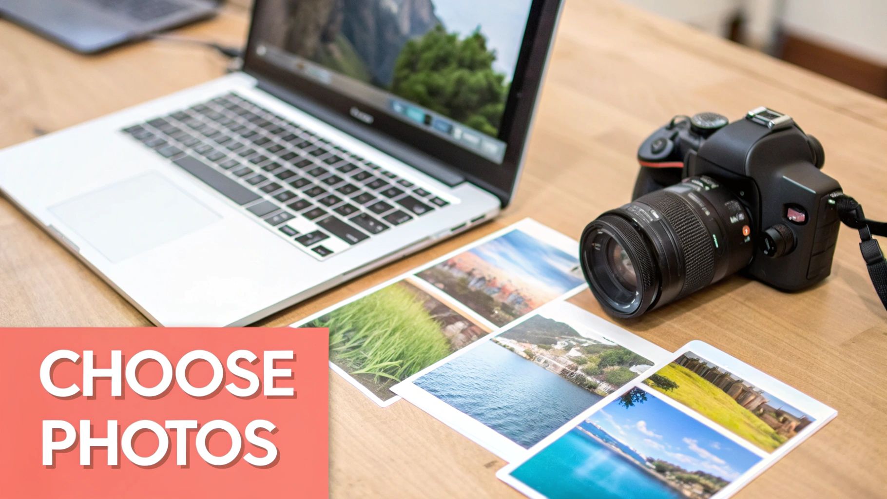 Choosing photos on a wooden desk with a laptop, camera, and prints.