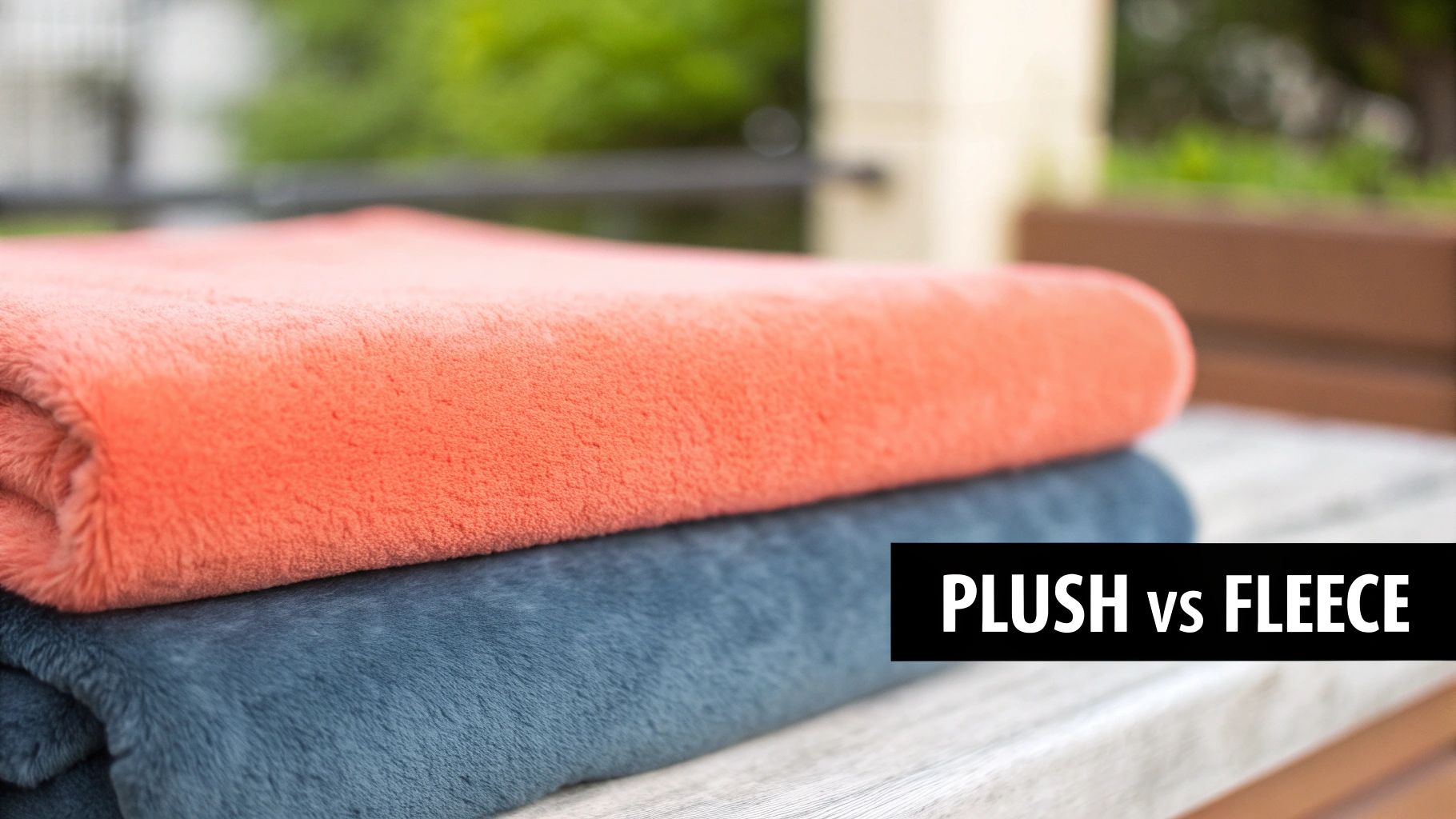 Coral plush and navy fleece blankets stacked outdoors showing texture comparison