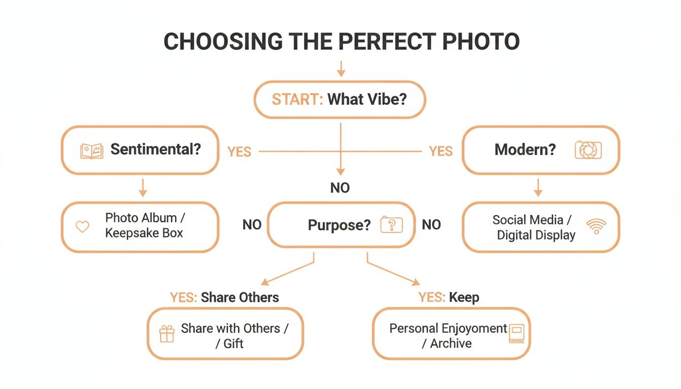 A flowchart guiding users to choose the perfect photo based on vibe (sentimental, modern) and purpose (share, keep).