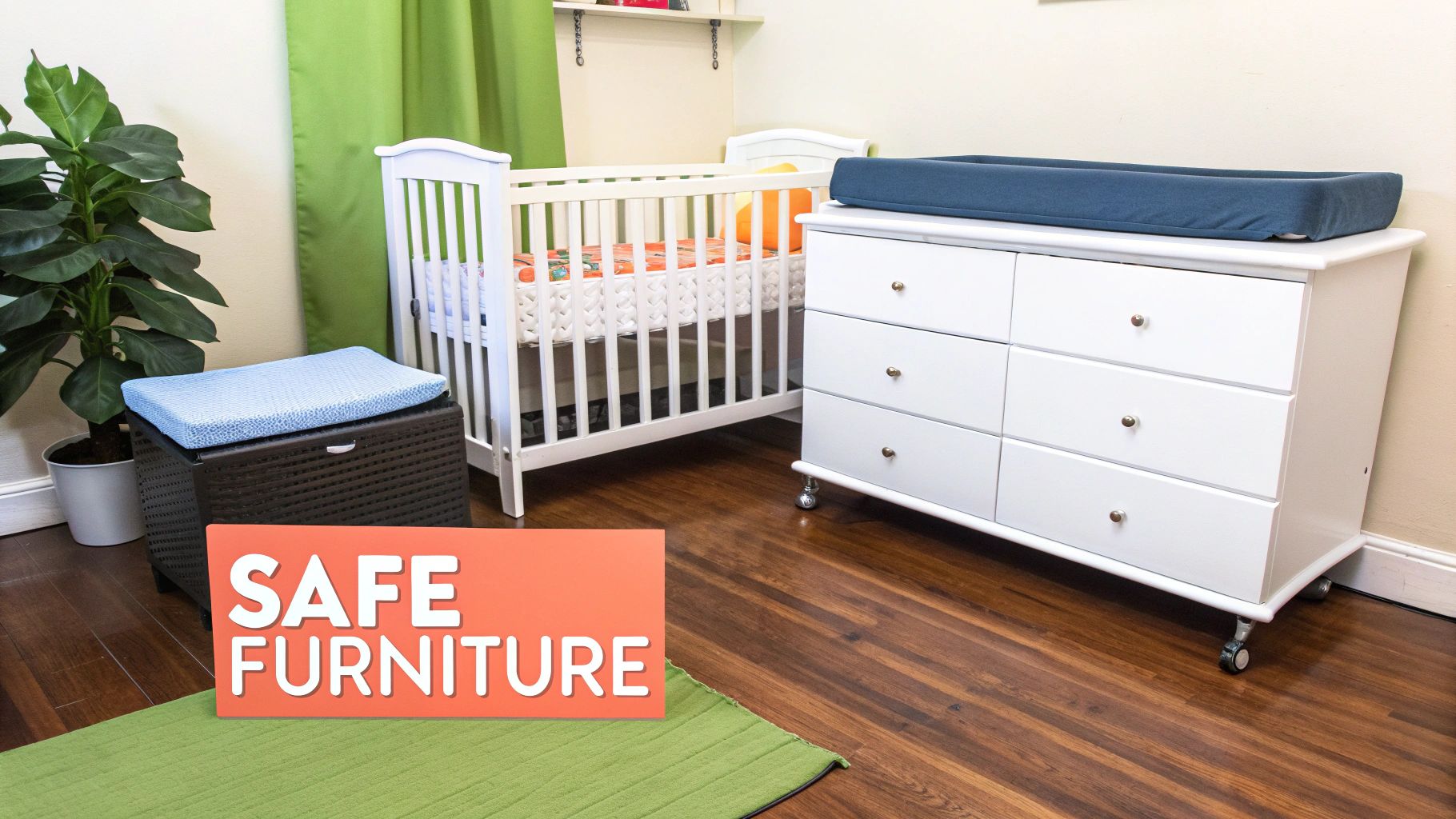 A nursery room with a white crib, dresser with a changing pad, and a "SAFE FURNITURE" sign.