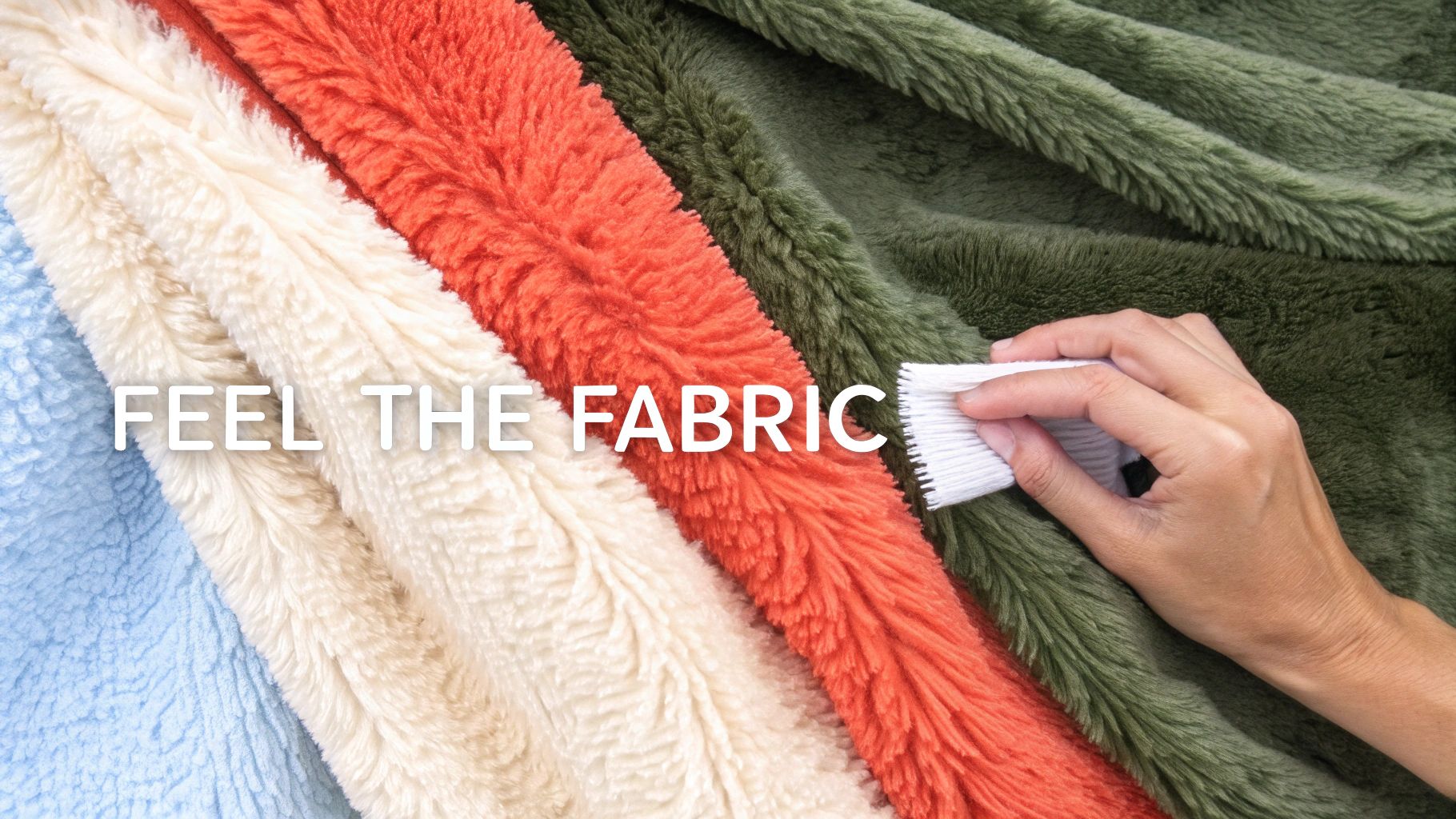 Hand touching a green fluffy blanket swatch, with orange, cream, and blue fabrics. Text says 'FEEL THE FABRIC'.