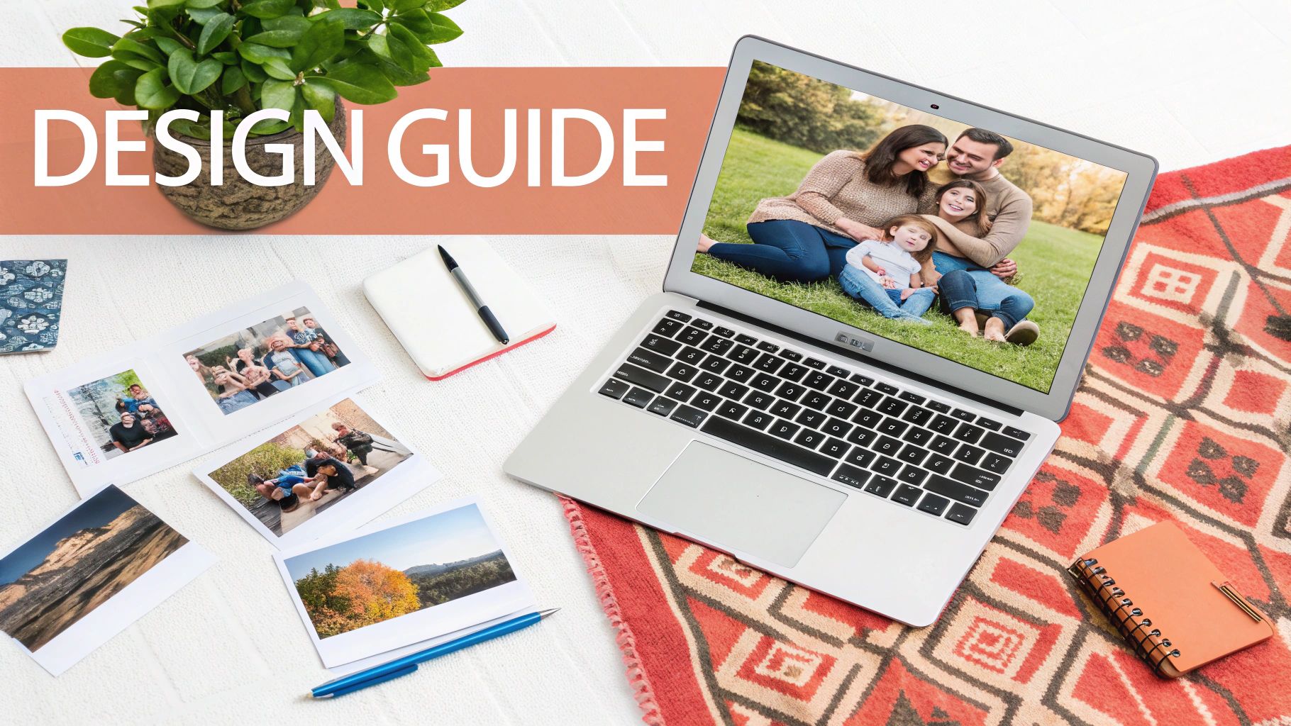 A creative workspace flat lay with a laptop displaying a family photo, scattered printed photos, and a 'DESIGN GUIDE' banner.