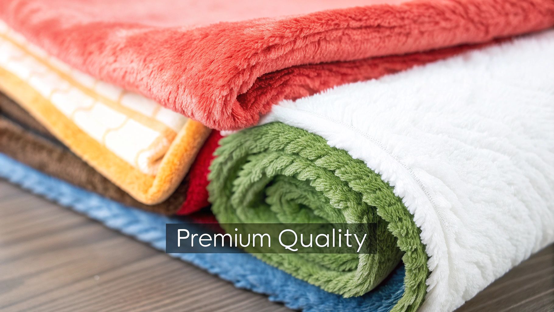 Close-up of a pile of plush, premium quality textiles in vibrant colors like coral, green, and white.