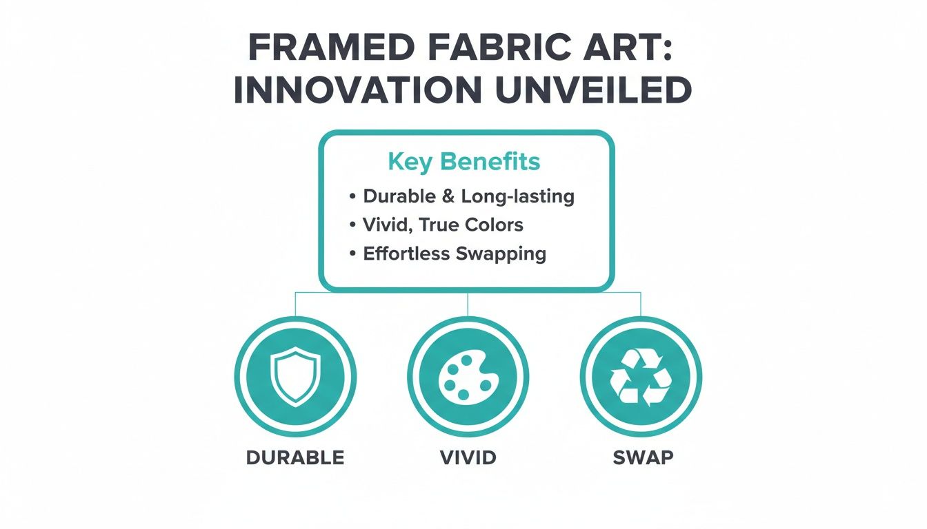 Infographic showing key benefits of framed fabric art: durable, vivid colors, and effortless swapping.