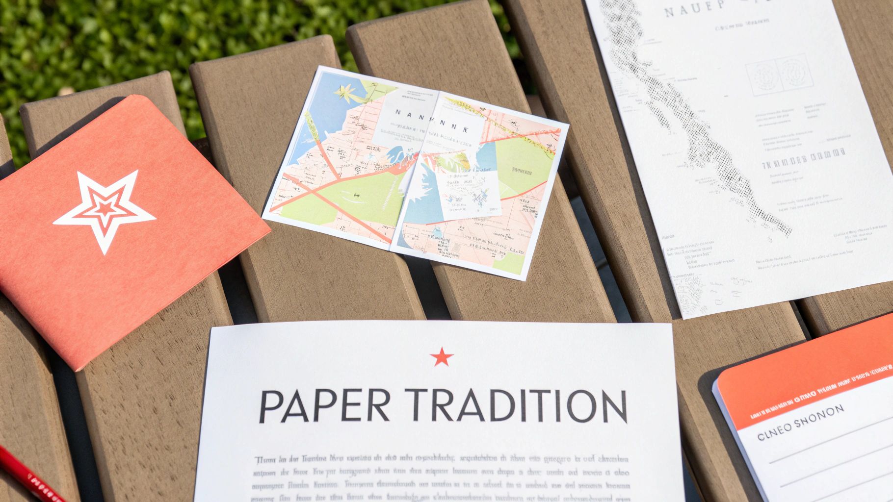 A collection of beautifully designed paper stationery and cards on a wooden bench.