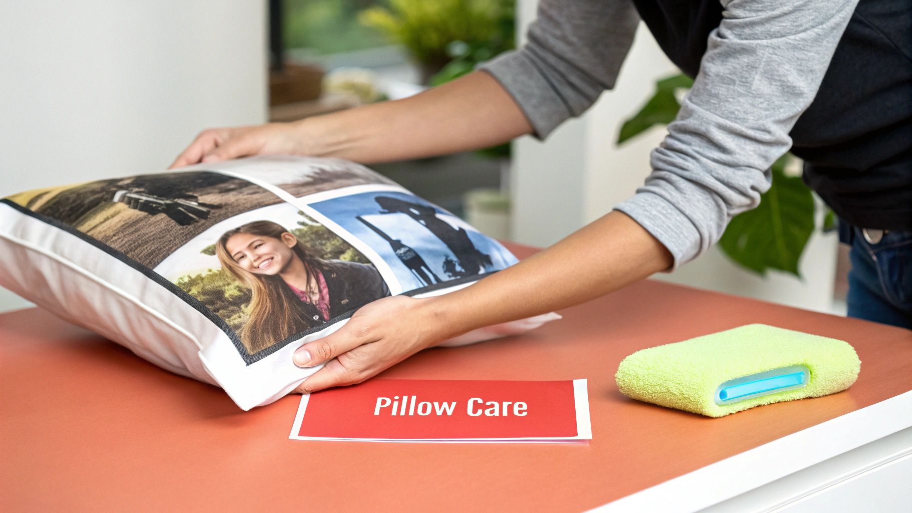 Hands placing a personalized photo pillow on a table next to a "Pillow Care" card and cleaning sponge.
