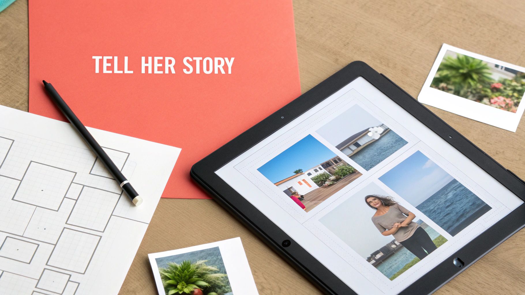 Overhead shot of desk with a 'TELL HER STORY' folder, tablet, and photo collage.