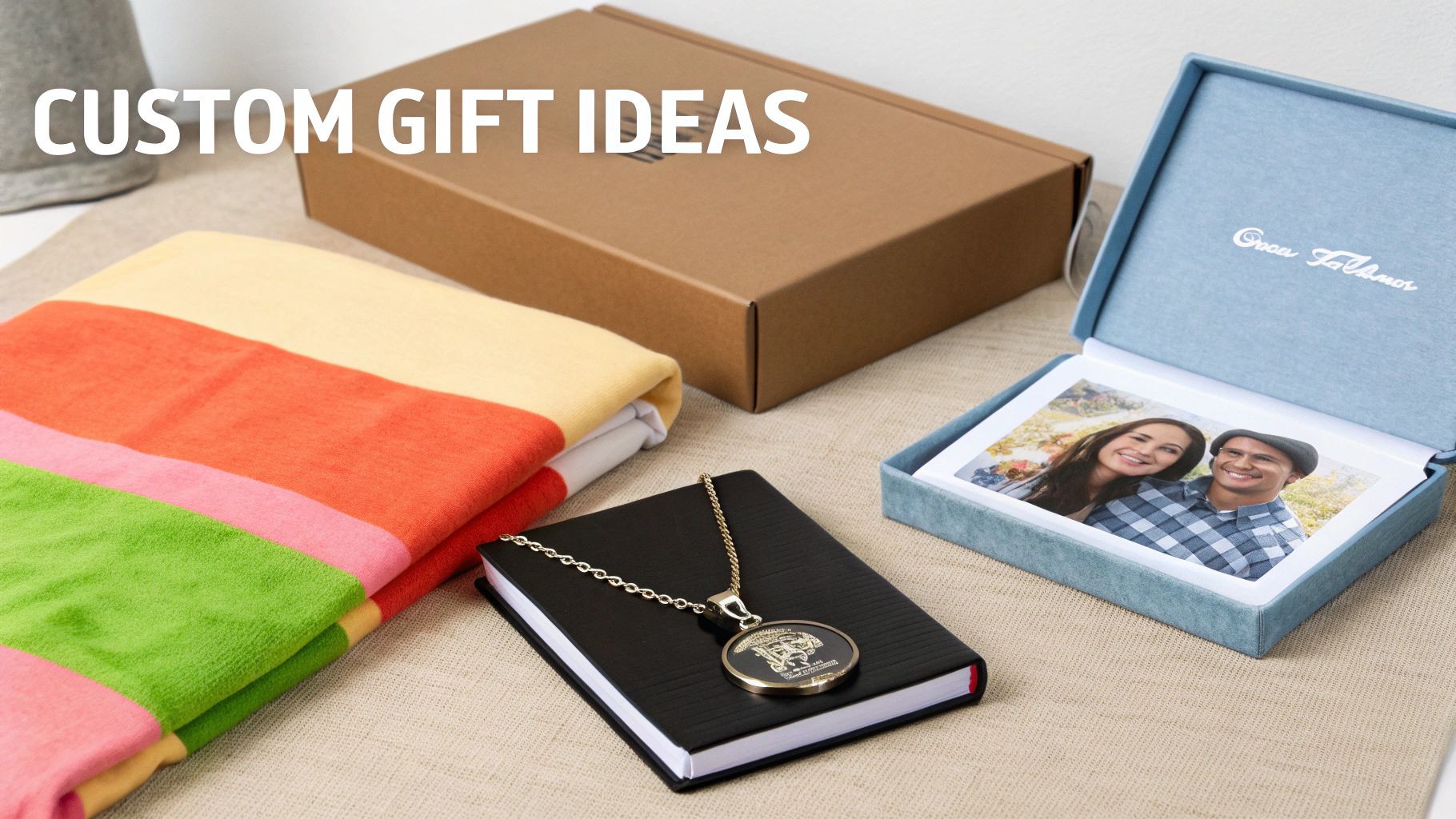 A selection of custom gift ideas, including a striped towel, personalized photo, notebook, and pendant.
