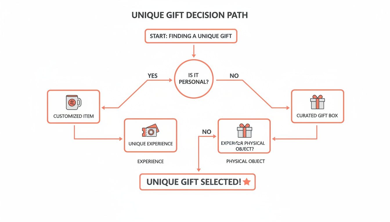 Unique gift decision path flowchart guides selection based on personal preference and item type.
