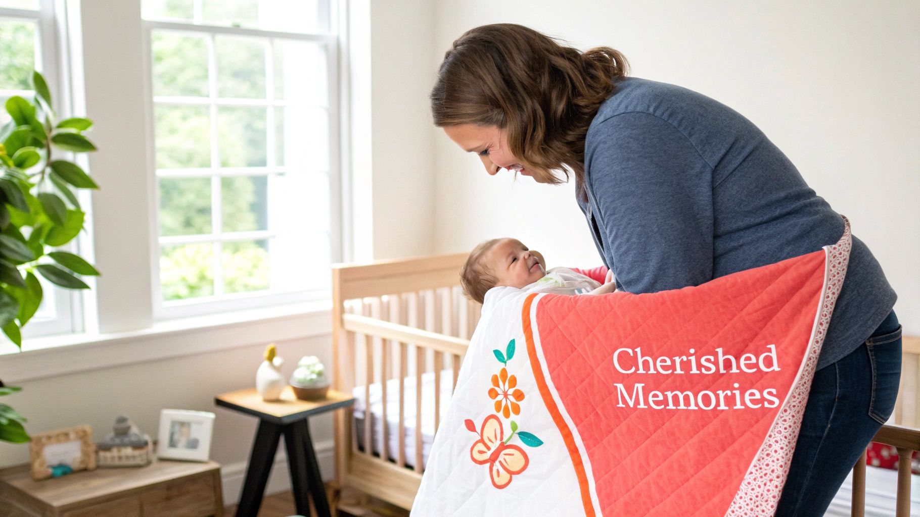 A personalized baby blanket with a name and cute animal design.